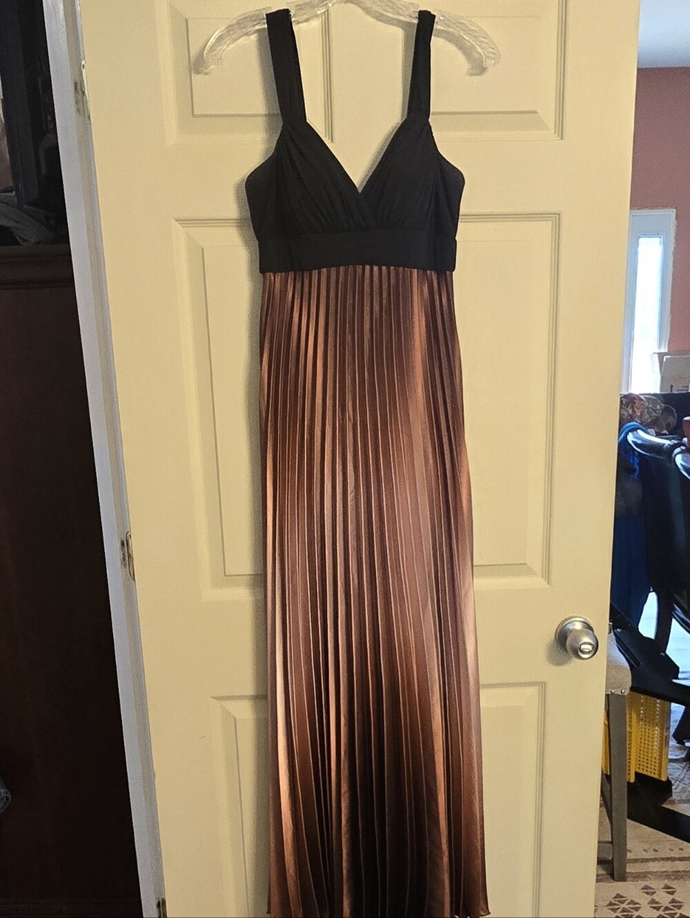 Betsy & Adam Black and Copper Pleated Maxi 90s Prom Dress